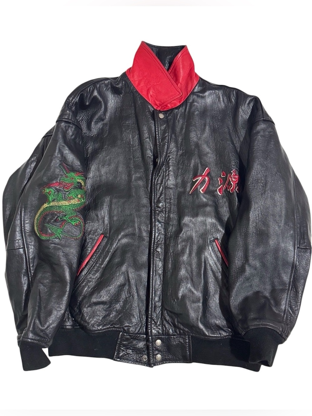 Power Souce Vintage Heavy Black Leather Bomber Jacket Japanese Dragon Embroidery